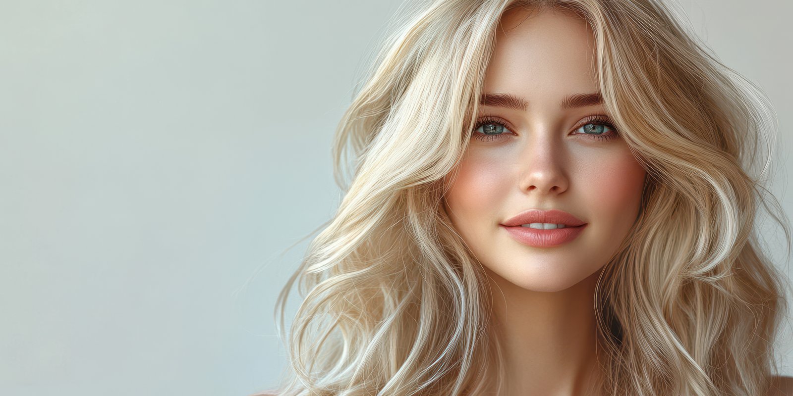 Young woman with long blonde hair smiling against a soft background in natural light during the afternoon